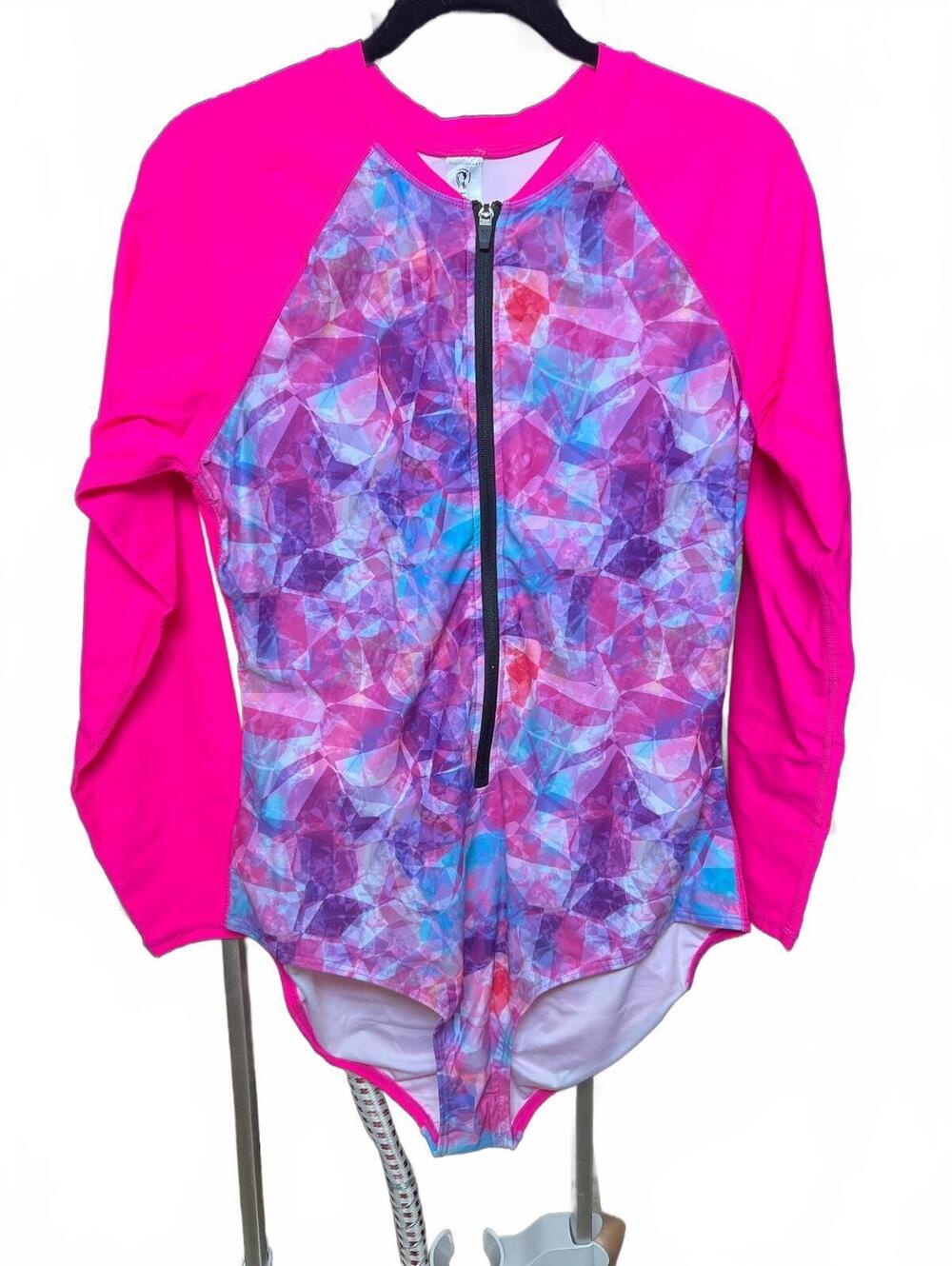 Halcurt Women's Long Sleeve Rash Guard Swimsuit 2XL Pink Multi Front Zipper